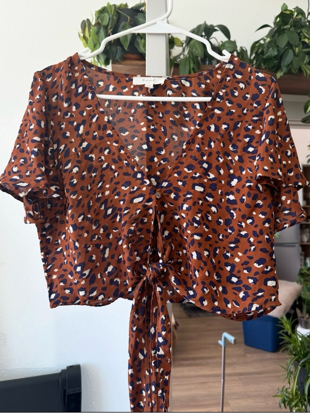 Leopard Print Tie-Front Crop Top in Rust